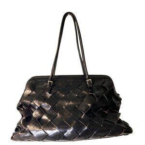 Vintage RARE Wilsons Leather Black Basketweave Large Tote Weekender Bag Preowned